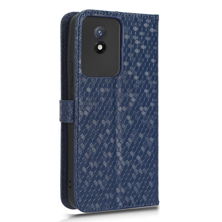 For vivo Y02 4G Dot Pattern Imprinted Phone Cover PU Leather Shockproof Wallet Stand Case with Wrist Strap - Dark Blue