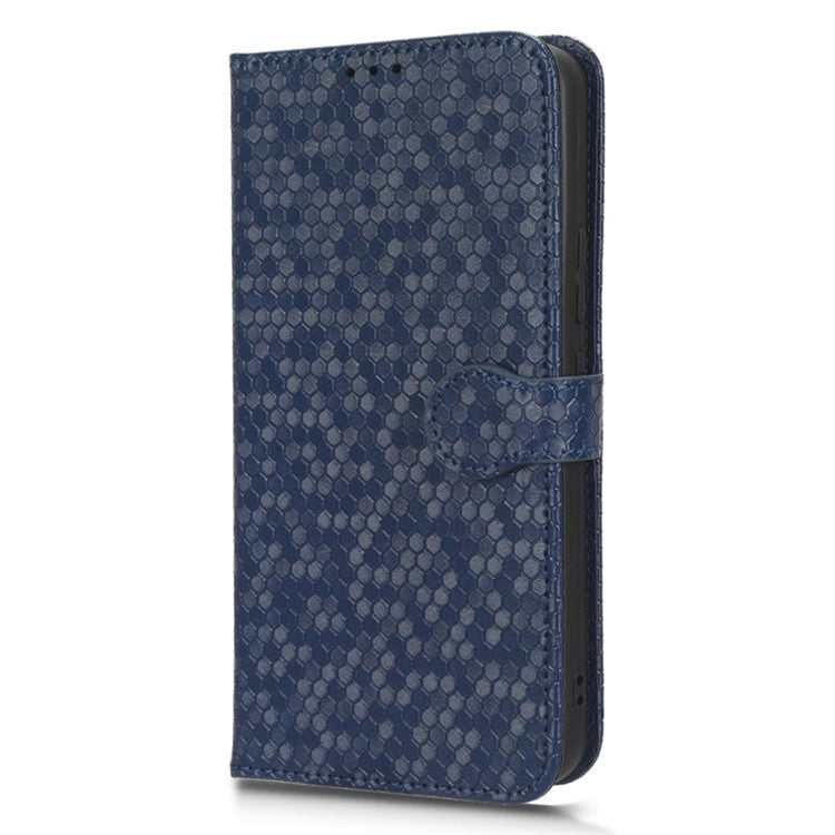 For vivo Y02 4G Dot Pattern Imprinted Phone Cover PU Leather Shockproof Wallet Stand Case with Wrist Strap - Dark Blue