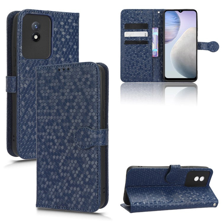 For vivo Y02 4G Dot Pattern Imprinted Phone Cover PU Leather Shockproof Wallet Stand Case with Wrist Strap - Dark Blue