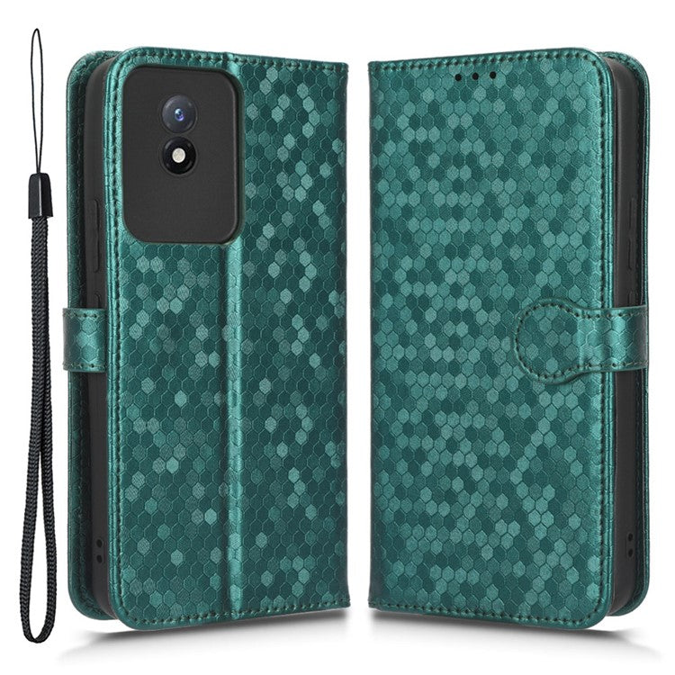 For vivo Y02 4G Dot Pattern Imprinted Phone Cover PU Leather Shockproof Wallet Stand Case with Wrist Strap - Green