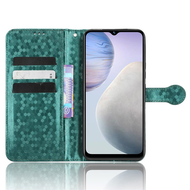 For vivo Y02 4G Dot Pattern Imprinted Phone Cover PU Leather Shockproof Wallet Stand Case with Wrist Strap - Green