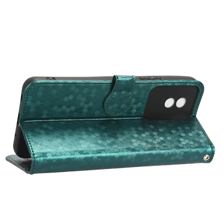 For vivo Y02 4G Dot Pattern Imprinted Phone Cover PU Leather Shockproof Wallet Stand Case with Wrist Strap - Green