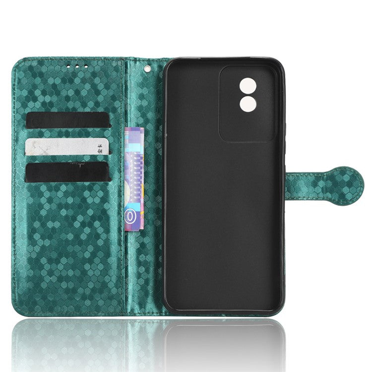 For vivo Y02 4G Dot Pattern Imprinted Phone Cover PU Leather Shockproof Wallet Stand Case with Wrist Strap - Green