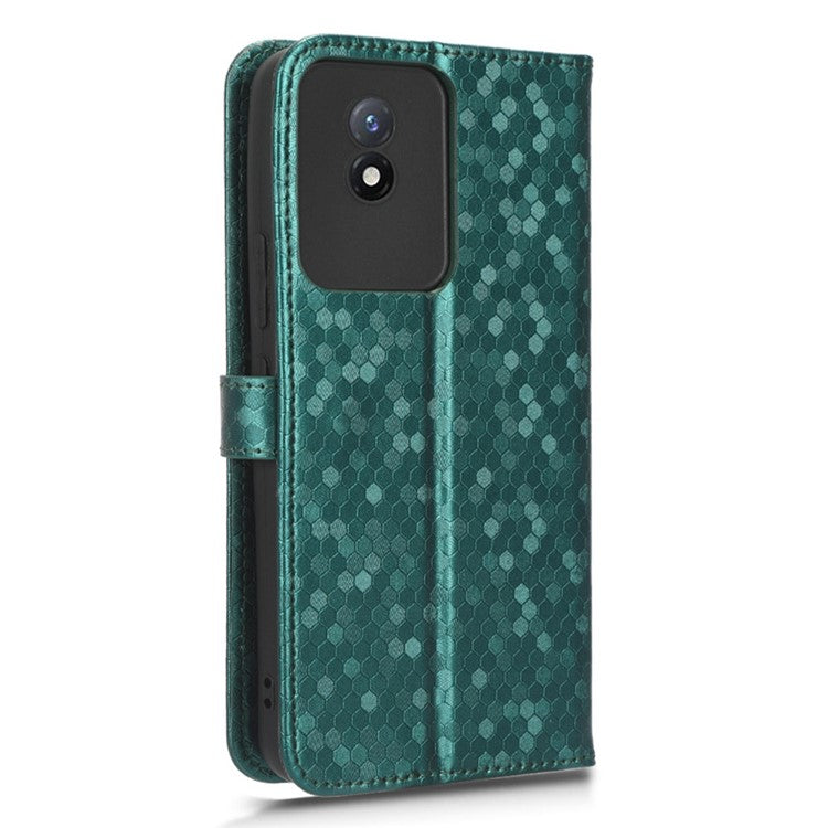 For vivo Y02 4G Dot Pattern Imprinted Phone Cover PU Leather Shockproof Wallet Stand Case with Wrist Strap - Green