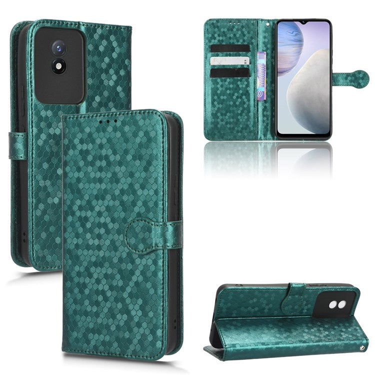 For vivo Y02 4G Dot Pattern Imprinted Phone Cover PU Leather Shockproof Wallet Stand Case with Wrist Strap - Green