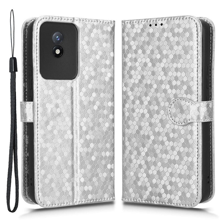 For vivo Y02 4G Dot Pattern Imprinted Phone Cover PU Leather Shockproof Wallet Stand Case with Wrist Strap - Silver