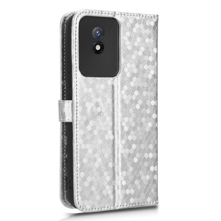 For vivo Y02 4G Dot Pattern Imprinted Phone Cover PU Leather Shockproof Wallet Stand Case with Wrist Strap - Silver