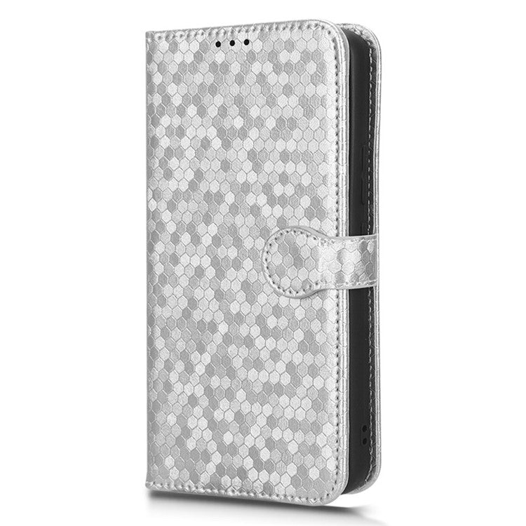 For vivo Y02 4G Dot Pattern Imprinted Phone Cover PU Leather Shockproof Wallet Stand Case with Wrist Strap - Silver