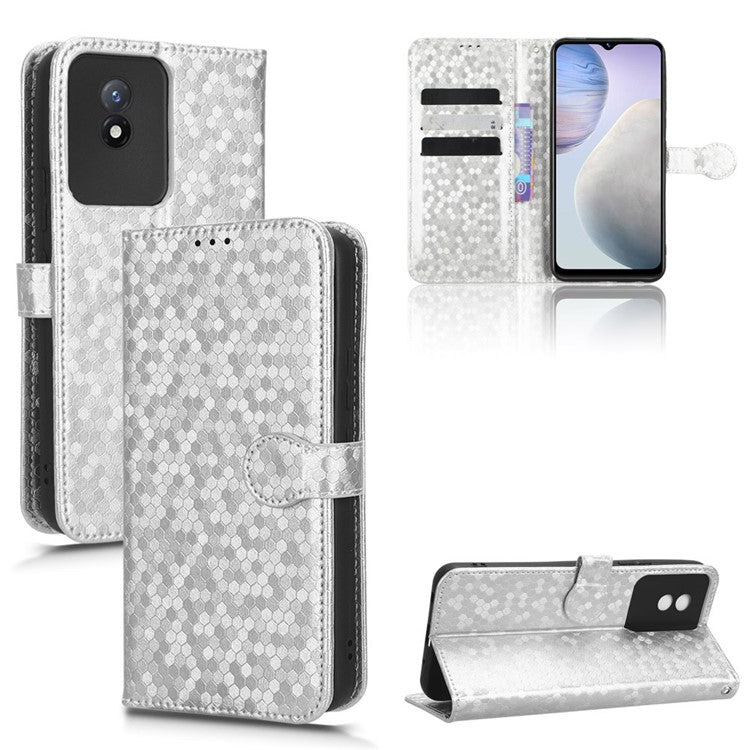 For vivo Y02 4G Dot Pattern Imprinted Phone Cover PU Leather Shockproof Wallet Stand Case with Wrist Strap - Silver