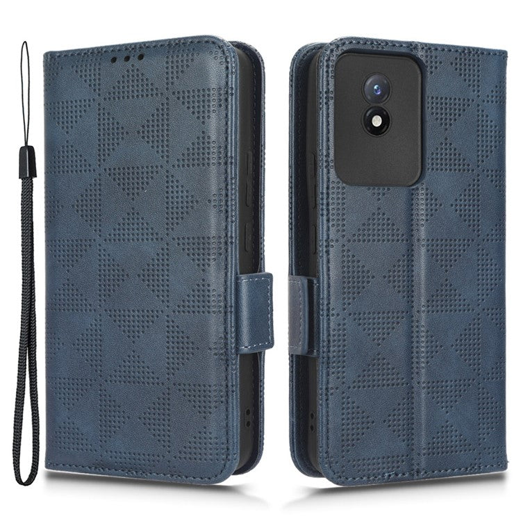 For vivo Y02 4G Protector Case PU Leather Imprinted Triangle Pattern Stand Phone Cover Wallet - Blue