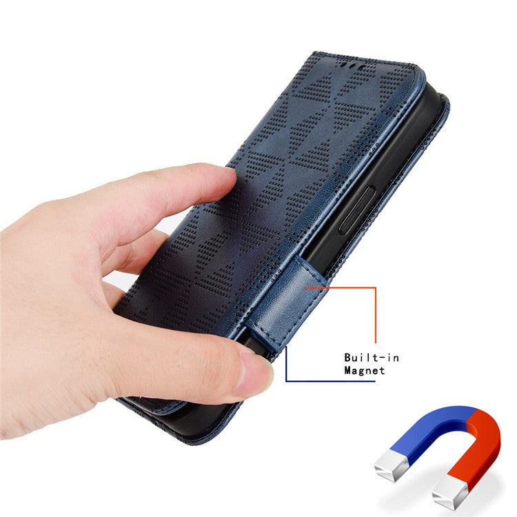 For vivo Y02 4G Protector Case PU Leather Imprinted Triangle Pattern Stand Phone Cover Wallet - Blue