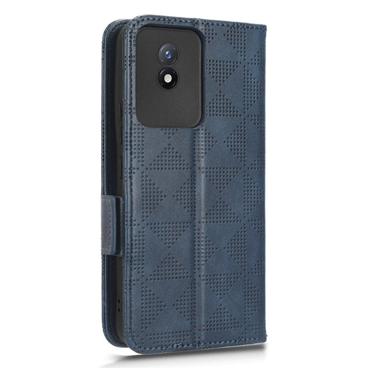 For vivo Y02 4G Protector Case PU Leather Imprinted Triangle Pattern Stand Phone Cover Wallet - Blue