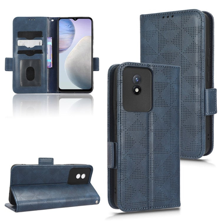 For vivo Y02 4G Protector Case PU Leather Imprinted Triangle Pattern Stand Phone Cover Wallet - Blue