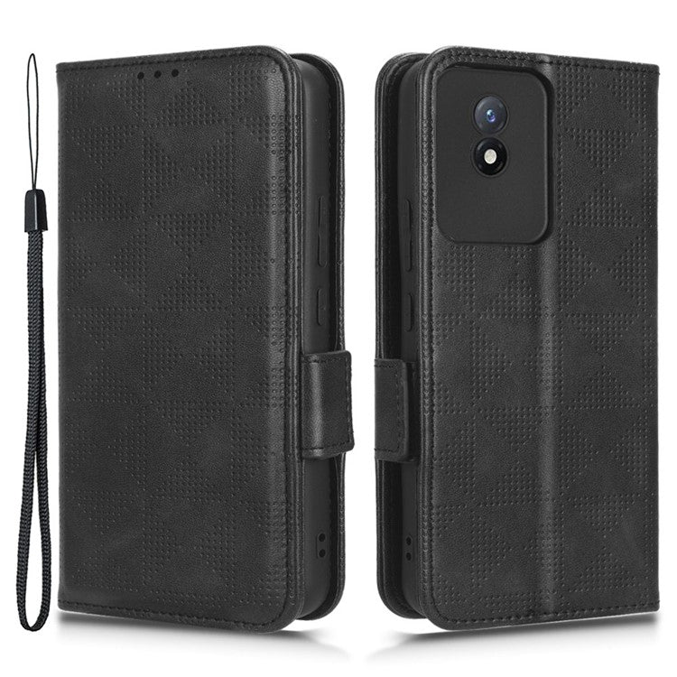 For vivo Y02 4G Protector Case PU Leather Imprinted Triangle Pattern Stand Phone Cover Wallet - Black