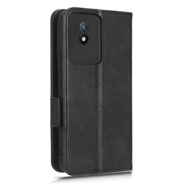 For vivo Y02 4G Protector Case PU Leather Imprinted Triangle Pattern Stand Phone Cover Wallet - Black