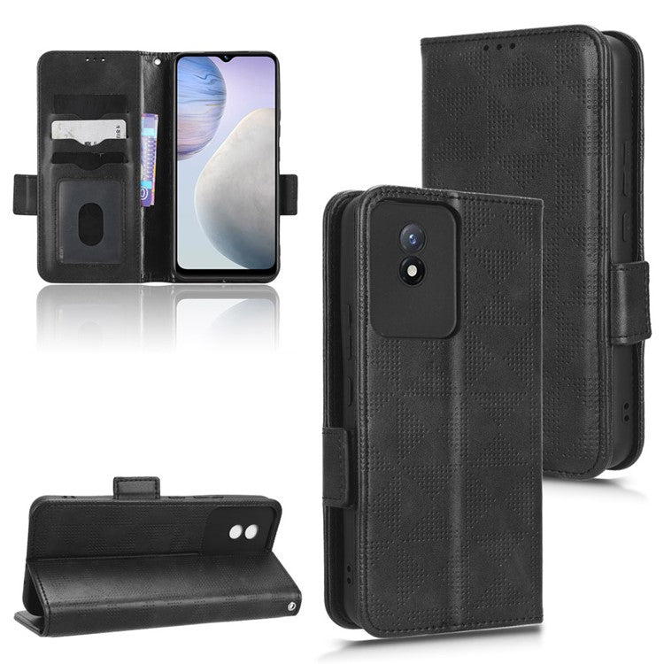 For vivo Y02 4G Protector Case PU Leather Imprinted Triangle Pattern Stand Phone Cover Wallet - Black