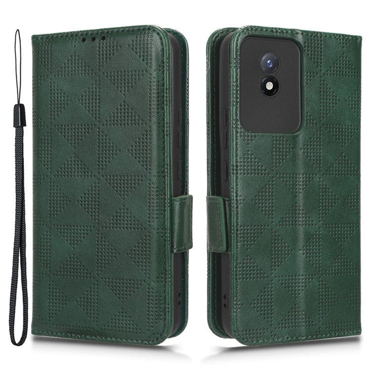 For vivo Y02 4G Protector Case PU Leather Imprinted Triangle Pattern Stand Phone Cover Wallet - Green