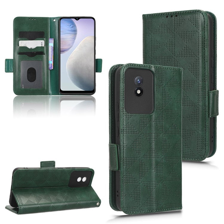 For vivo Y02 4G Protector Case PU Leather Imprinted Triangle Pattern Stand Phone Cover Wallet - Green