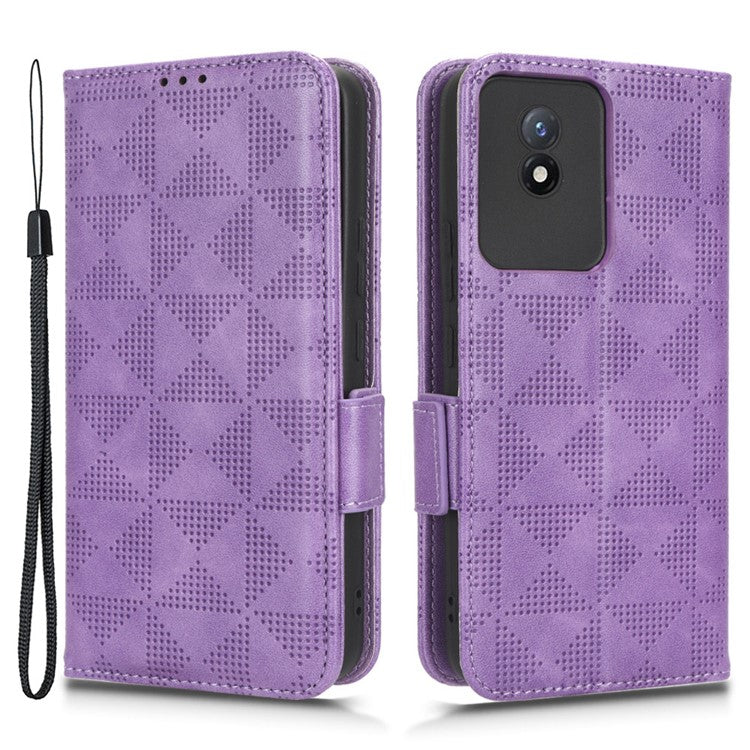 For vivo Y02 4G Protector Case PU Leather Imprinted Triangle Pattern Stand Phone Cover Wallet - Purple