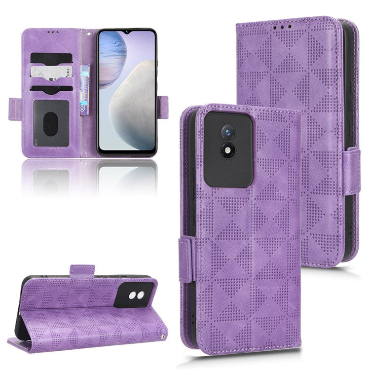 For vivo Y02 4G Protector Case PU Leather Imprinted Triangle Pattern Stand Phone Cover Wallet - Purple