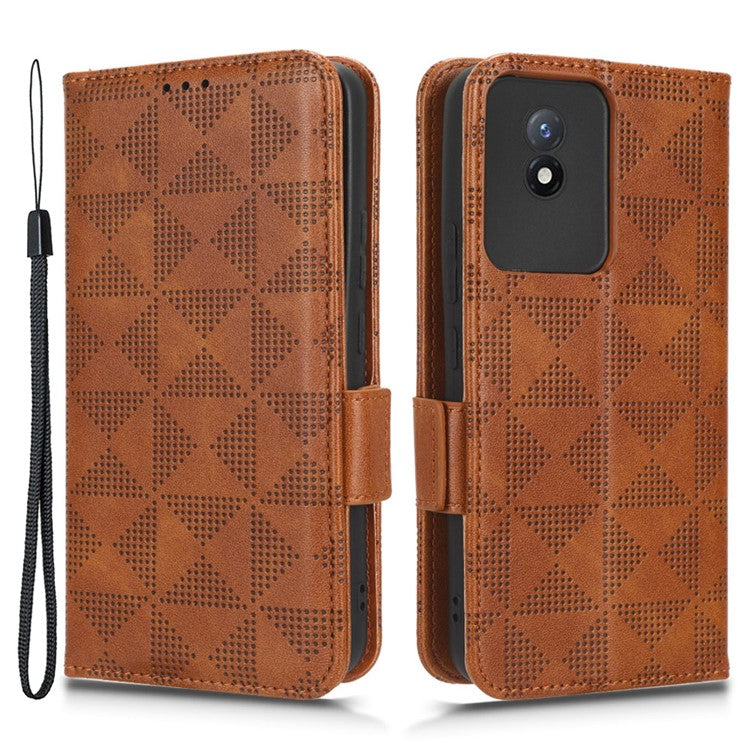 For vivo Y02 4G Protector Case PU Leather Imprinted Triangle Pattern Stand Phone Cover Wallet - Brown