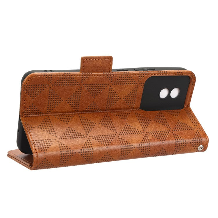 For vivo Y02 4G Protector Case PU Leather Imprinted Triangle Pattern Stand Phone Cover Wallet - Brown