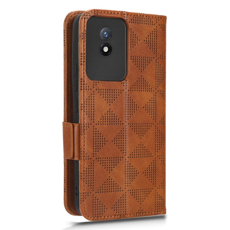 For vivo Y02 4G Protector Case PU Leather Imprinted Triangle Pattern Stand Phone Cover Wallet - Brown