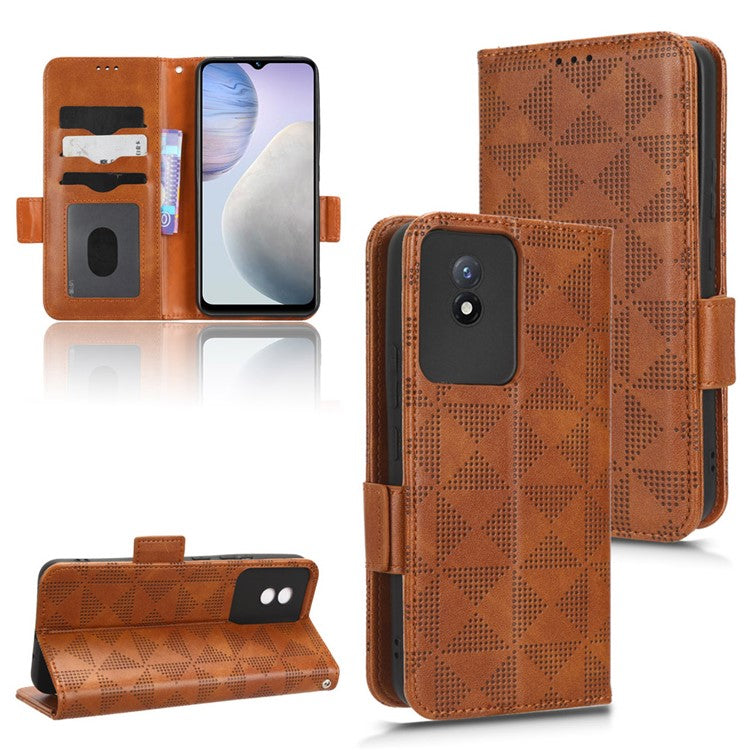 For vivo Y02 4G Protector Case PU Leather Imprinted Triangle Pattern Stand Phone Cover Wallet - Brown