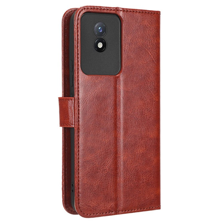 Mobile Phone Case for vivo Y02 4G Anti-drop Crazy Horse Texture Wallet Stand PU Leather Phone Cover with Strap - Brown