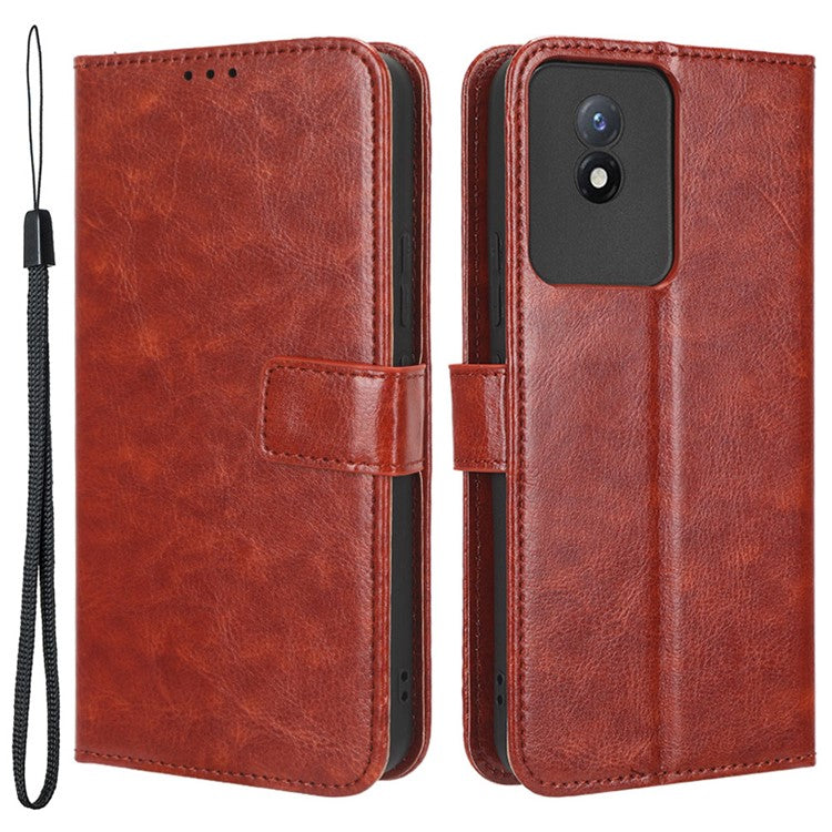 Mobile Phone Case for vivo Y02 4G Anti-drop Crazy Horse Texture Wallet Stand PU Leather Phone Cover with Strap - Brown