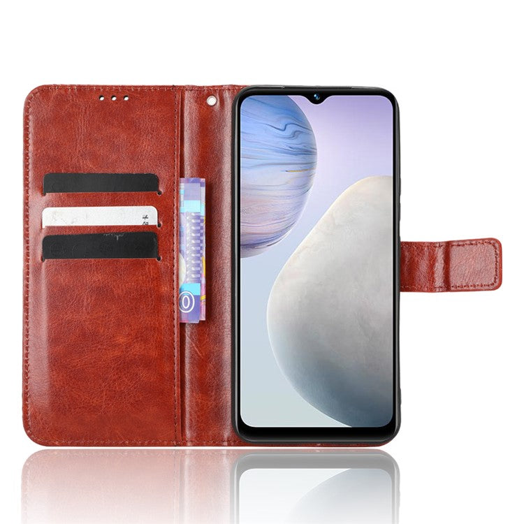 Mobile Phone Case for vivo Y02 4G Anti-drop Crazy Horse Texture Wallet Stand PU Leather Phone Cover with Strap - Brown