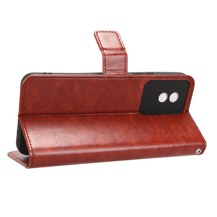 Mobile Phone Case for vivo Y02 4G Anti-drop Crazy Horse Texture Wallet Stand PU Leather Phone Cover with Strap - Brown