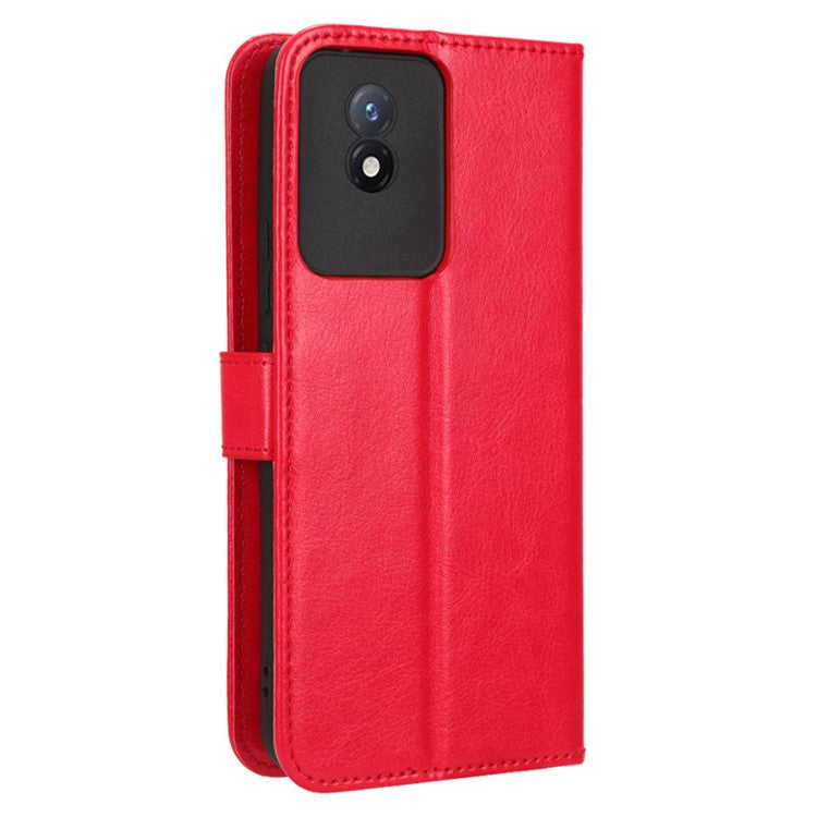 Mobile Phone Case for vivo Y02 4G Anti-drop Crazy Horse Texture Wallet Stand PU Leather Phone Cover with Strap - Red