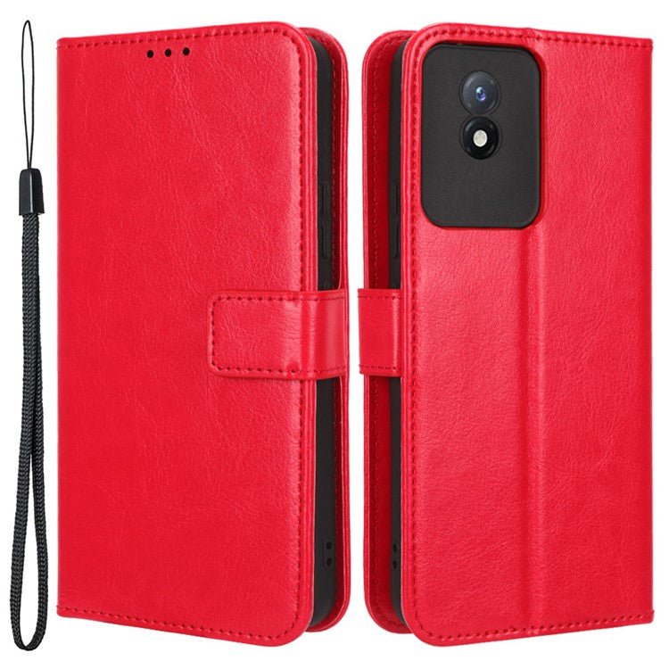 Mobile Phone Case for vivo Y02 4G Anti-drop Crazy Horse Texture Wallet Stand PU Leather Phone Cover with Strap - Red