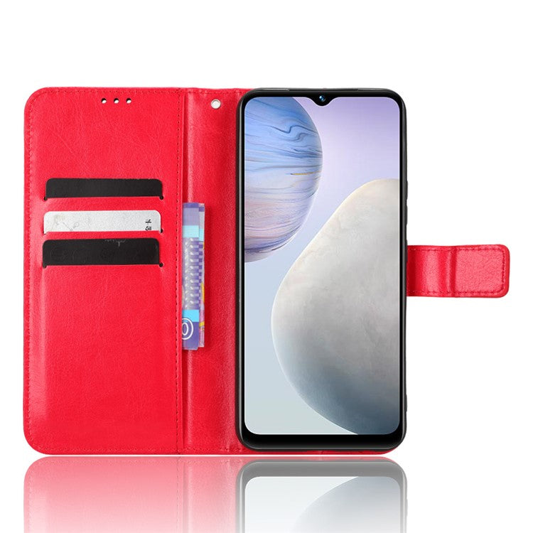 Mobile Phone Case for vivo Y02 4G Anti-drop Crazy Horse Texture Wallet Stand PU Leather Phone Cover with Strap - Red