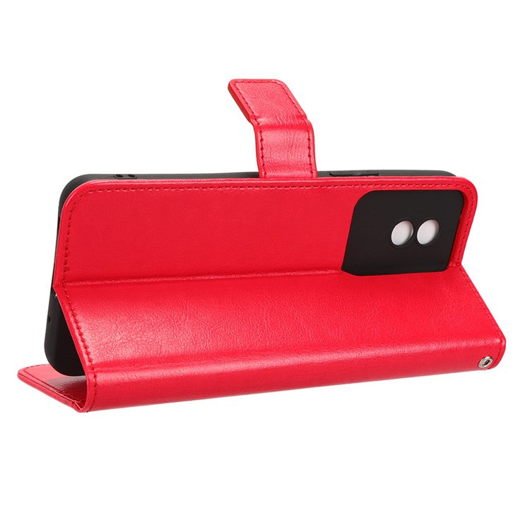 Mobile Phone Case for vivo Y02 4G Anti-drop Crazy Horse Texture Wallet Stand PU Leather Phone Cover with Strap - Red