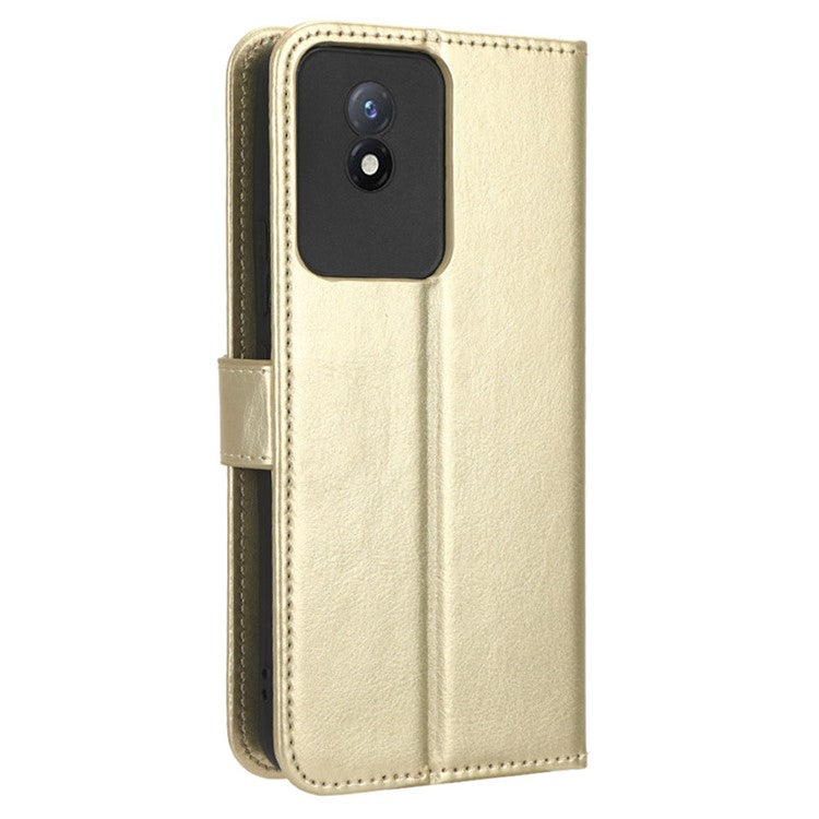 Mobile Phone Case for vivo Y02 4G Anti-drop Crazy Horse Texture Wallet Stand PU Leather Phone Cover with Strap - Gold