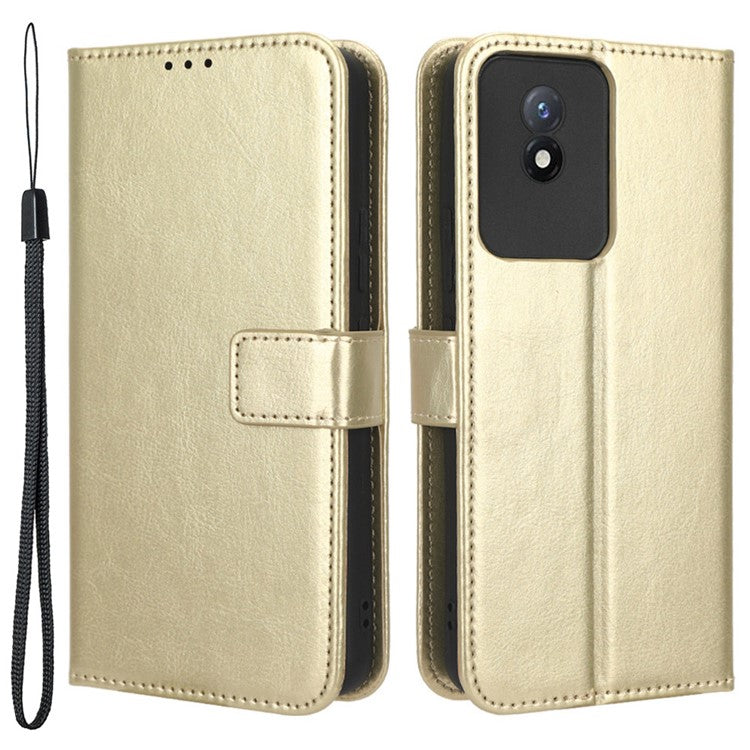 Mobile Phone Case for vivo Y02 4G Anti-drop Crazy Horse Texture Wallet Stand PU Leather Phone Cover with Strap - Gold