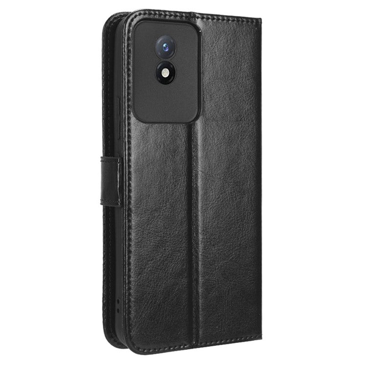 Mobile Phone Case for vivo Y02 4G Anti-drop Crazy Horse Texture Wallet Stand PU Leather Phone Cover with Strap - Black