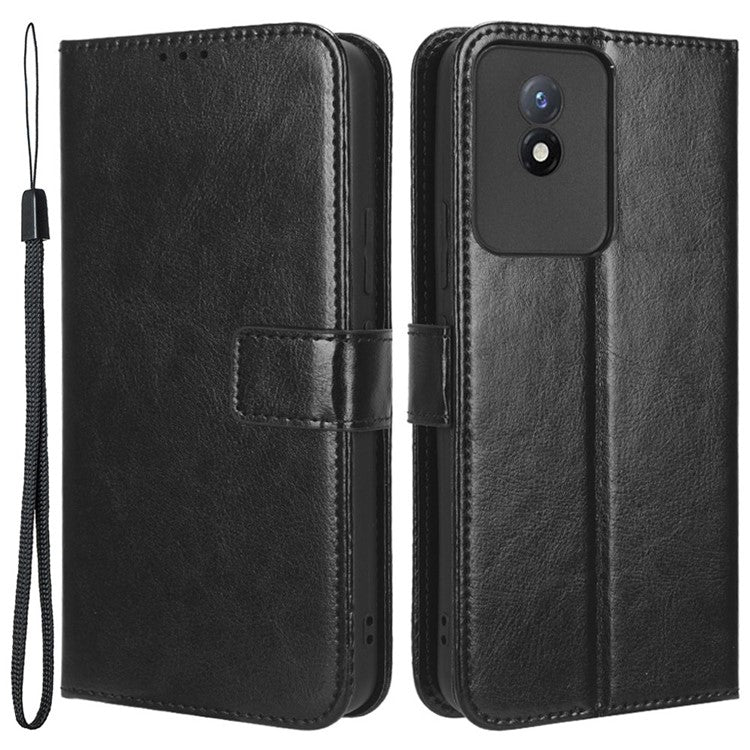 Mobile Phone Case for vivo Y02 4G Anti-drop Crazy Horse Texture Wallet Stand PU Leather Phone Cover with Strap - Black