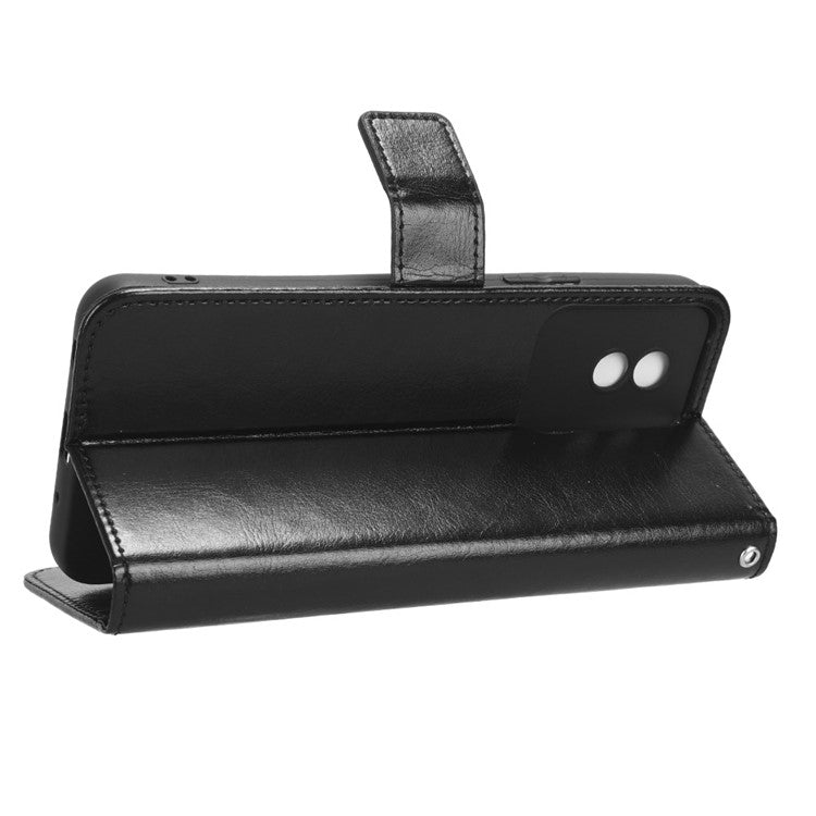 Mobile Phone Case for vivo Y02 4G Anti-drop Crazy Horse Texture Wallet Stand PU Leather Phone Cover with Strap - Black