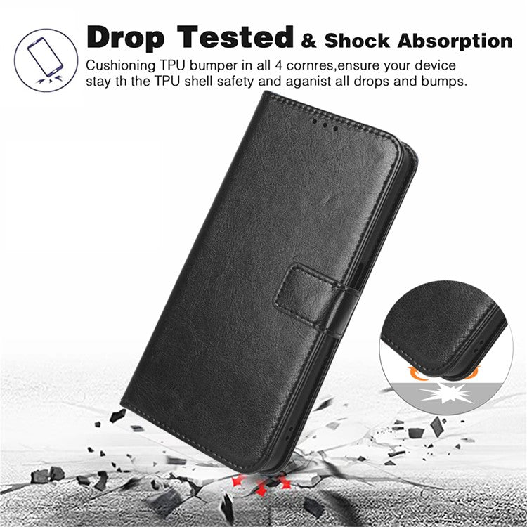 Mobile Phone Case for vivo Y02 4G Anti-drop Crazy Horse Texture Wallet Stand PU Leather Phone Cover with Strap - Black