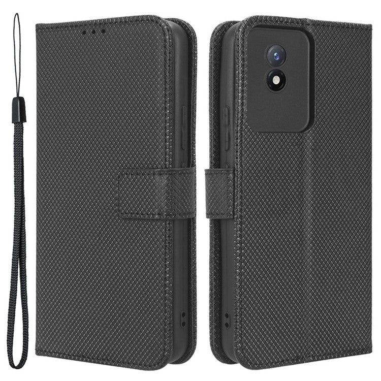 Phone Case for vivo Y02 4G Diamond Texture Wallet Stand Shockproof PU Leather Phone Cover - Black