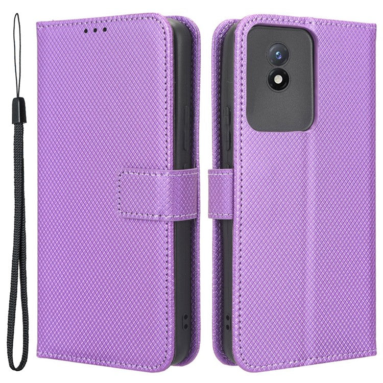 Phone Case for vivo Y02 4G Diamond Texture Wallet Stand Shockproof PU Leather Phone Cover - Purple