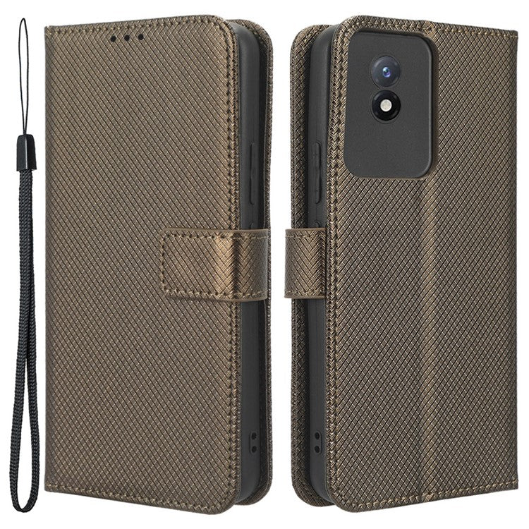 Phone Case for vivo Y02 4G Diamond Texture Wallet Stand Shockproof PU Leather Phone Cover - Brown