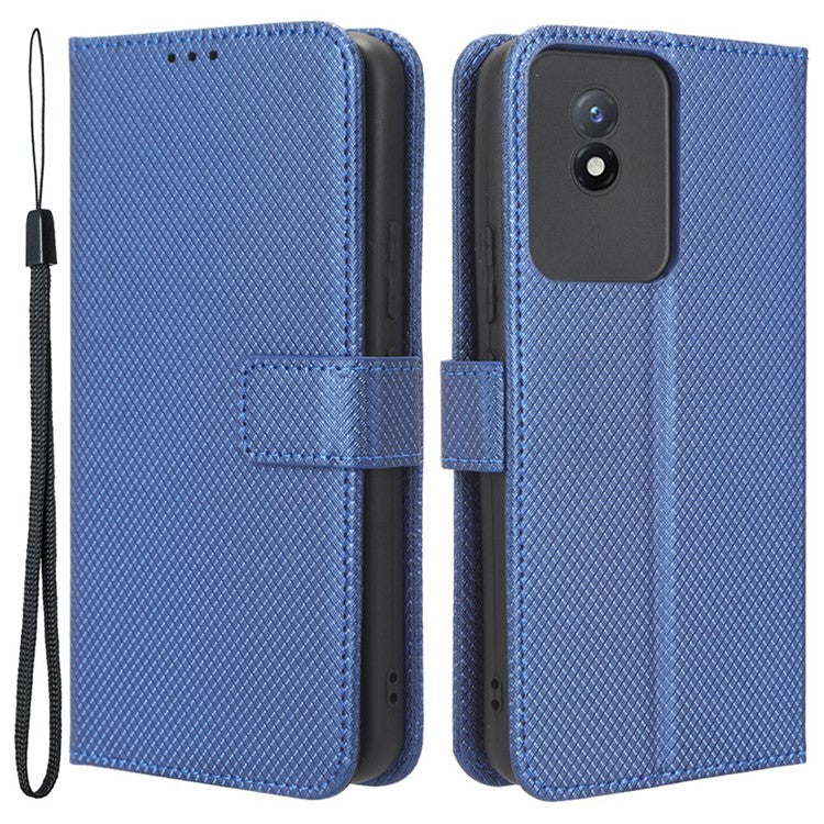 Phone Case for vivo Y02 4G Diamond Texture Wallet Stand Shockproof PU Leather Phone Cover - Blue