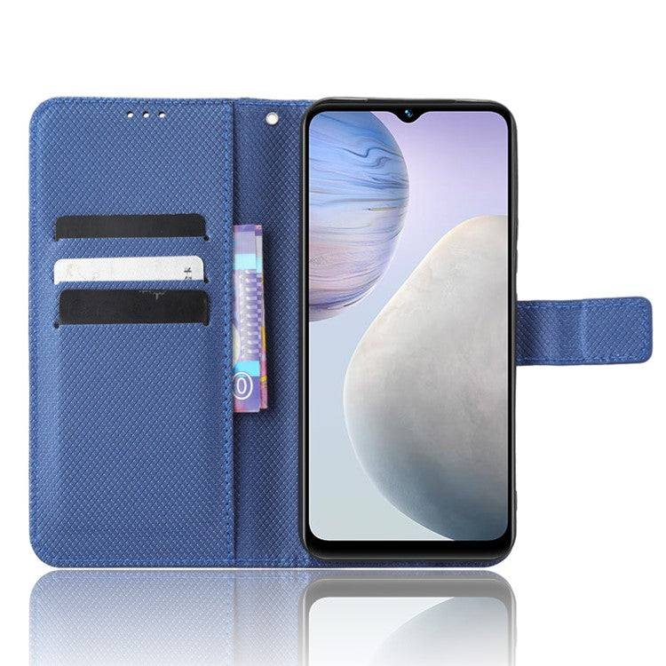 Phone Case for vivo Y02 4G Diamond Texture Wallet Stand Shockproof PU Leather Phone Cover - Blue