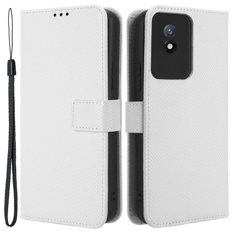 Phone Case for vivo Y02 4G Diamond Texture Wallet Stand Shockproof PU Leather Phone Cover - White