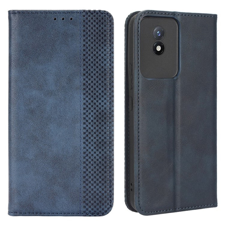 For vivo Y02 4G Retro Texture Phone Case Drop-proof PU Leather Stand Wallet Cellphone Cover - Blue