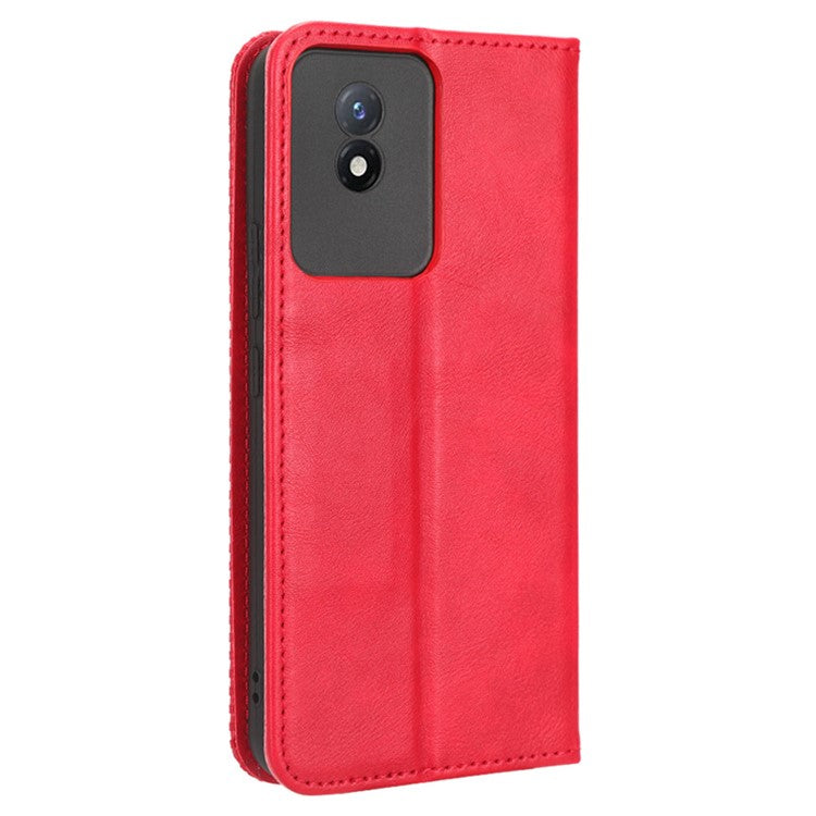 For vivo Y02 4G Retro Texture Phone Case Drop-proof PU Leather Stand Wallet Cellphone Cover - Red